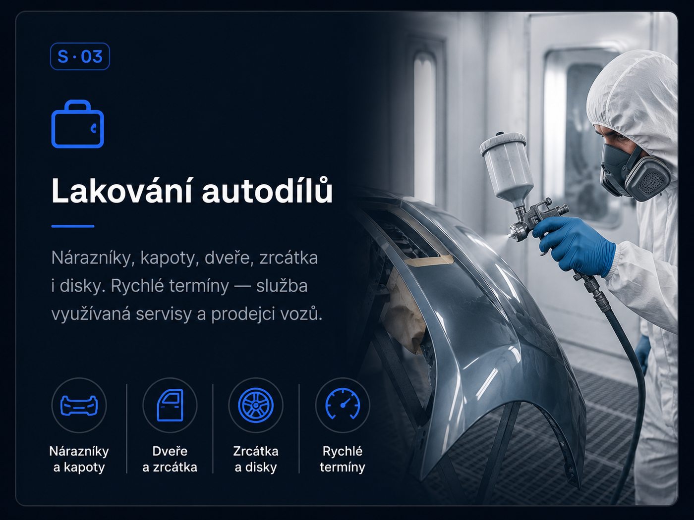 Lakování autodílů — nárazníky, kapoty, dveře, zrcátka i disky, rychlé termíny pro servisy a prodejce vozů
